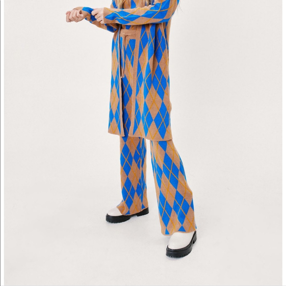 Nasty Gal Argyle 3pc Sweater Set XS Women’s Open Cardigan Tank Pants Camel Blue